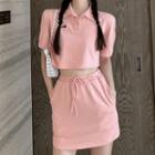 Set: Short-sleeve Polo Shirt + Plain Lace-up Mini A-line Skirt Set - Pink - One Size