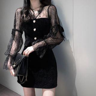 Bell-sleeve Tie-accent Lace Panel Dress