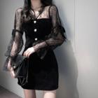 Bell-sleeve Tie-accent Lace Panel Dress