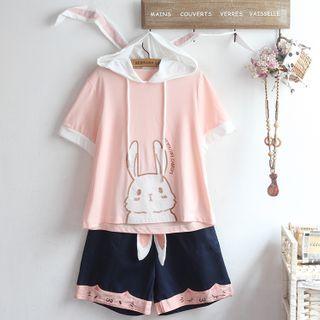 Short-sleeve Printed Hoodie / Wide-leg Shorts / Set