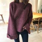Plain Loose-fit Round-neck Batwing-sleeve Sweater