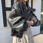 Balloon-sleeve Cropped Faux-leather Jacket Black - One Size
