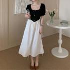 Short-sleeve Square-neck Color Block Mock Two-piece A-line Dress