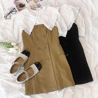 Mock Two-piece Puff-sleeve Double-breasted A-line Dress