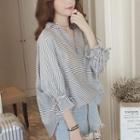 Tie-cuff 3/4-sleeve Striped Blouse