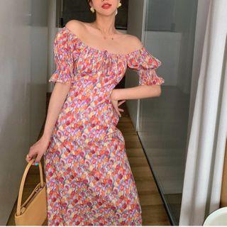 Floral Print Square-neck Off-shoulder Mini Dress / Midi Dress