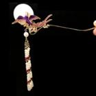 Retro Phoenix Faux Pearl Fringed Hair Stick 1 Pc - H36 - Purple & Gold - One Size