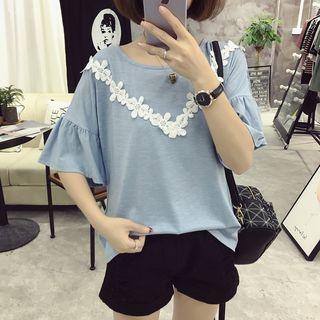 Elbow-sleeve Floral-trim T-shirt