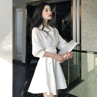 Balloon-sleeve Tie-front A-line Shirtdress White - One Size