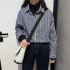 Long-sleeve Paneled Striped Shirt Dark Blue - One Size