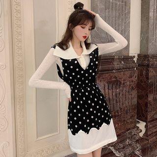 Long-sleeve Knit Top / V-neck Dotted Mini Dress