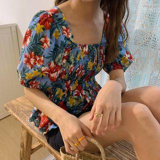 Puff-sleeve Flower Print Top As Shown In Figure - One Size