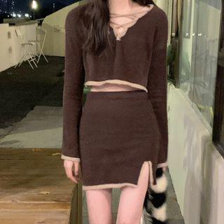 Set: Contrast Trim Cropped Sweater + Mini Pencil Skirt