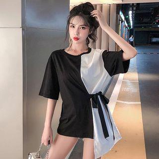 Short-sleeve Two-tone Asymmetric T-shirt