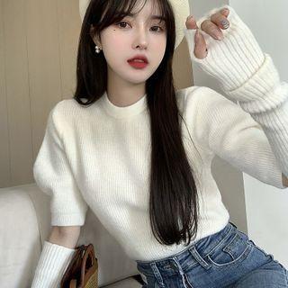 Set: Puff-sleeve Knit Top + Arm Sleeves