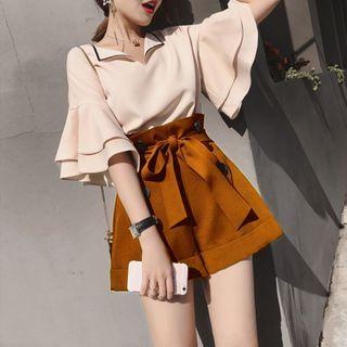 Set: V-neck Flared-sleeve Blouse + High-waist Shorts