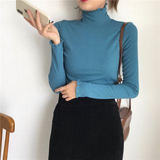 Scallop-hem Plain Long-sleeve Top
