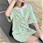 Elbow-sleeve Flower Print Mini Collared Dress Pink Floral - Light Green - One Size
