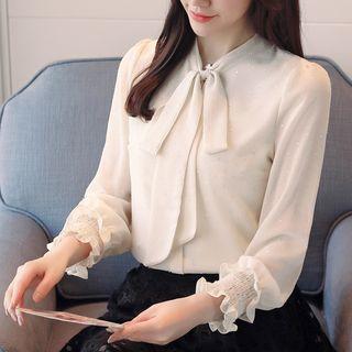 Tie-neck Frilled Cuff Chiffon Blouse