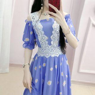 Lace Panel Cold-shoulder Floral Maxi A-line Dress
