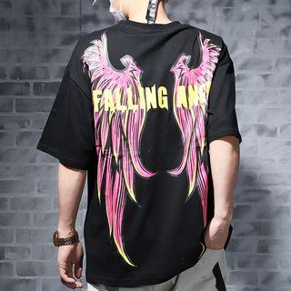 Elbow-sleeve Wings Print T-shirt