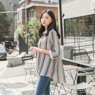Tab-sleeve Stripe Chiffon Shirt