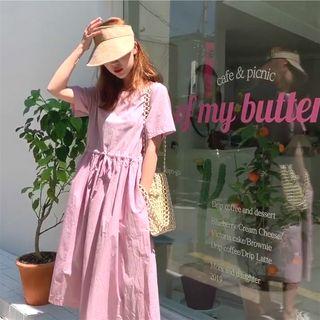 Short Sleeve Drawstring Waist Dress Pink - One Size