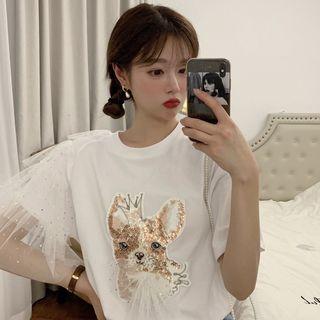 Short-sleeve Dog Sequined Mesh Panel T-shirt