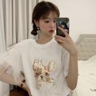 Short-sleeve Dog Sequined Mesh Panel T-shirt
