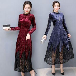 Lace Hem Pleated Long Sleeve Midi Velvet Dress