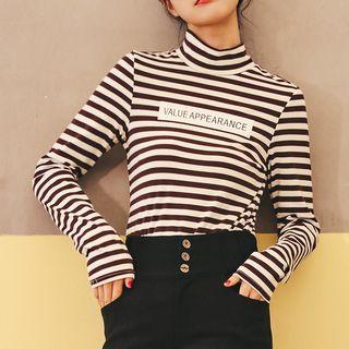 Mock-neck Striped Long-sleeve T-shirt