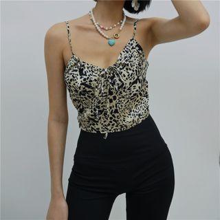 V-neck Leopard Printed Drawstring Cropped Tank Top
