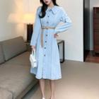Long-sleeve Collared Button-up Denim Midi A-line Dress