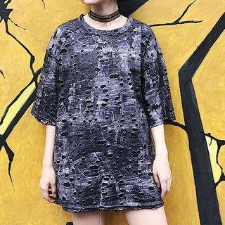 Elbow-sleeve Ripped T-shirt