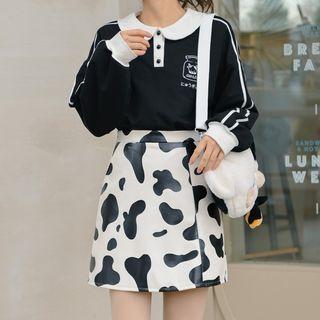 Polo Sweatshirt / Cow Print Mini A-line Skirt