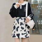 Polo Sweatshirt / Cow Print Mini A-line Skirt