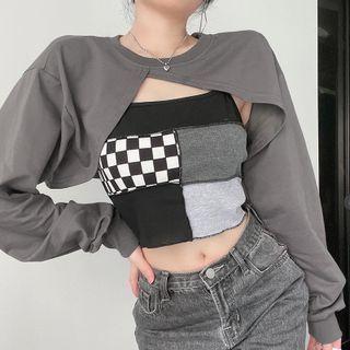 Long Sleeve Check Print Two Piece Top