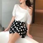 Elbow-sleeve Cold Shoulder T-shirt / Polka Dot Mini Skirt