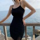 Spaghetti Strap Plain Mini Bodycon Dress Black - One Size