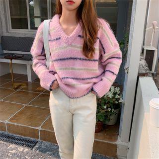 Color-block V-neck Striped Sweater