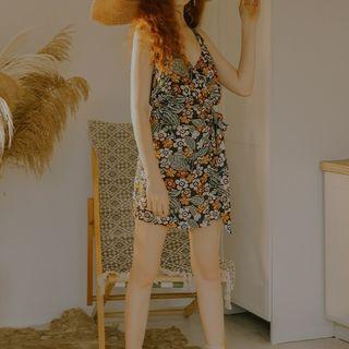 Sleeveless Pattern Printed Tie-waist Mini Dress