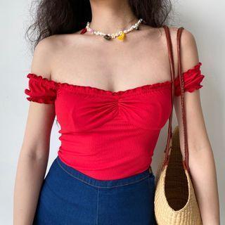 Off-shoulder Ruffle Trim Ruched Top