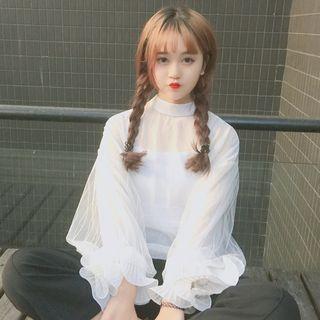Set: Balloon-sleeve Mock Neck See-through Blouse + Camisole