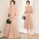 Long-sleeve Button-up Pleated Midi Dress