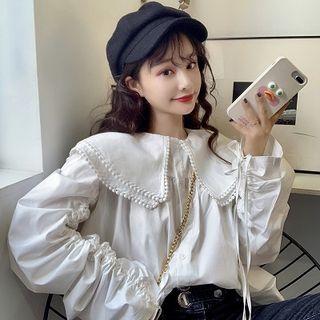 Plain Peter-pan Collar Lace-up Puff-sleeve Blouse