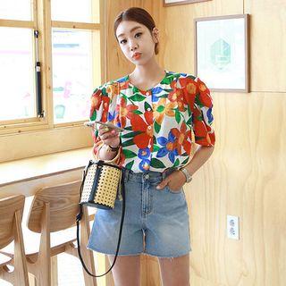 Puff-shoulder Floral Print Blouse