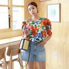 Puff-shoulder Floral Print Blouse