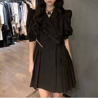 Puff-sleeve Bow Accent Blazer Dress Black - One Size