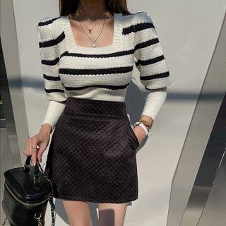 Mutton-sleeve Square-neck Stripe Knit Top