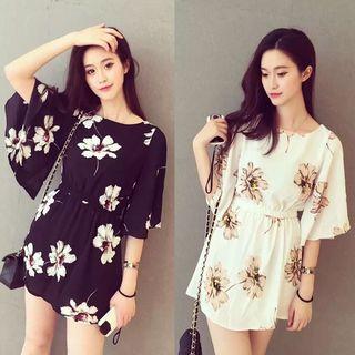 Bell-sleeve Gather-waist Flower Chiffon Dress